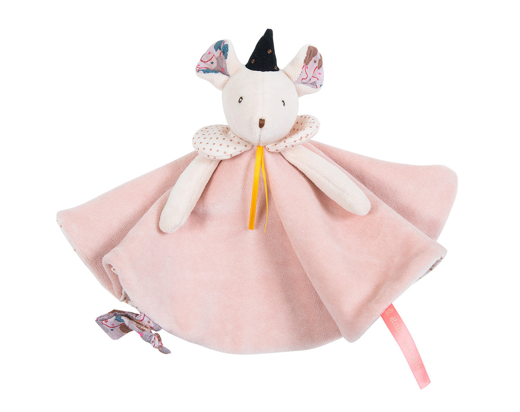 An elegant little mouse comforter to watch over baby; in floral cotton voile lined with velvet and sparkly tulle frill collar. Easy to grab and hold with baby's little hands with a tab to attach a pacifier. 