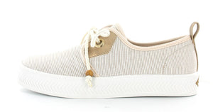 Women's lace-up platform sneakers from France, with 3cm-platform soles and canvas upper in sand stripes, with nautical style rope shoelaces with wood aglets, gold eyelets, and brown leather yokes. 