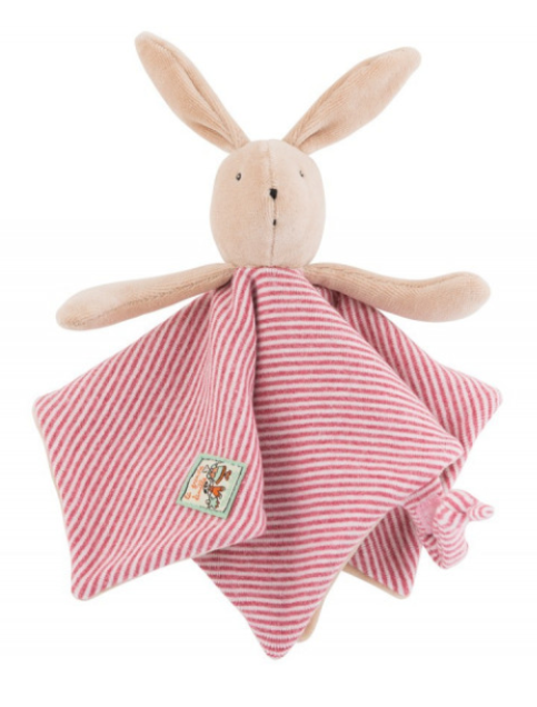 Dressed in red and white striped flannel jersey dungarees, and lined in velvet to create a flat comforter easy for baby's little hands to grasp, Sylvain the Rabbit is an ideal gift for a newborn.