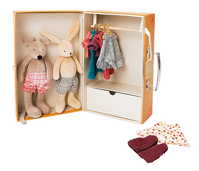 Sturdy cardboard suitcase opens up into a wardrobe containing a small (20cm) size Sylvain Rabbit and Nini mouse and a selection of day and night time clothing. The wardrobe contains a drawer and hanging space.