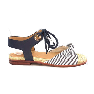 French Nautical Style Sandals for Women with White and Blue Stripes., espadrille-style sole, leather-like straps, boat knot-style laces and golden eyelets.