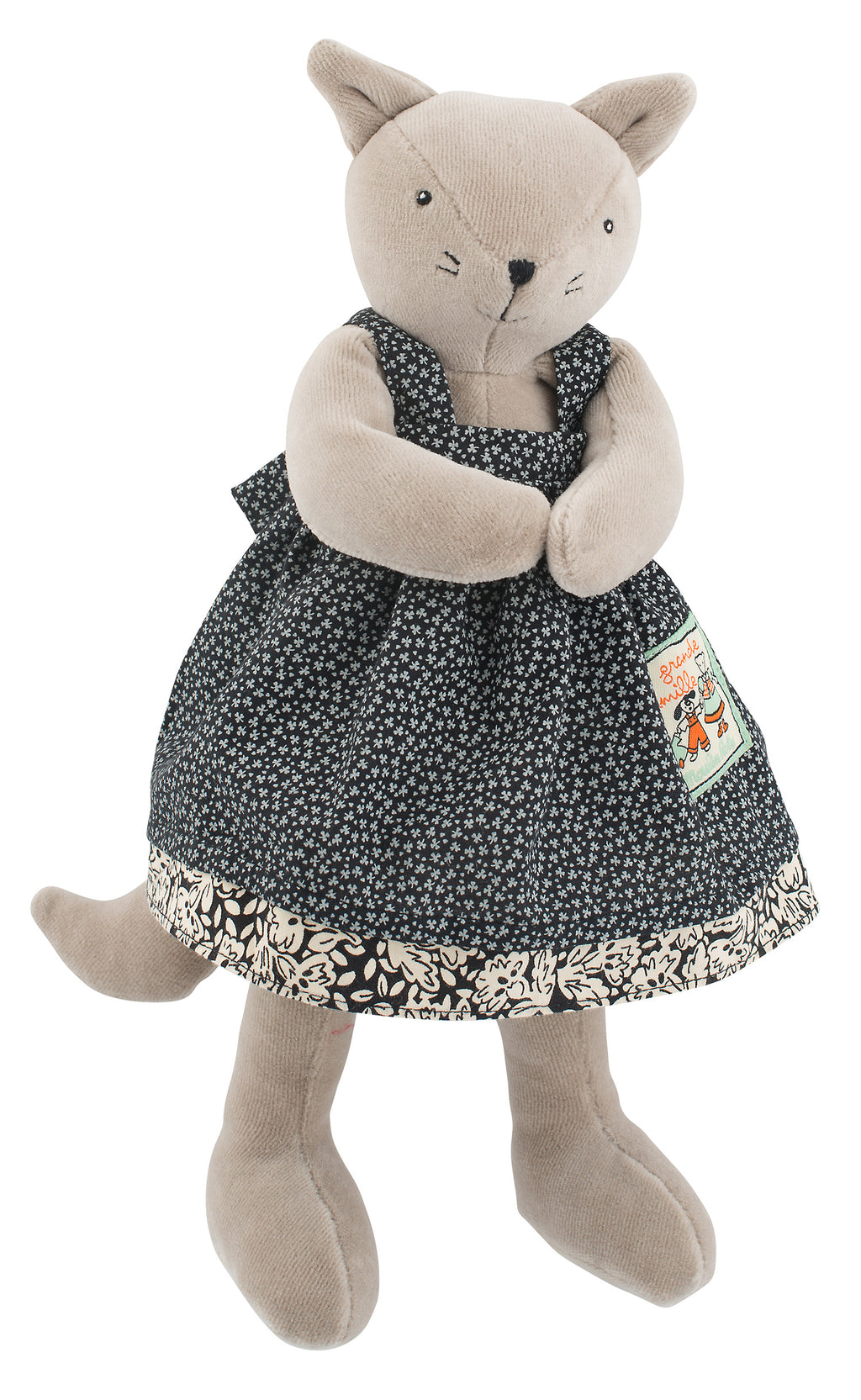 This 30cm cat soft toy is dressed in a removable frilled pinafore dress in country-print cotton. 