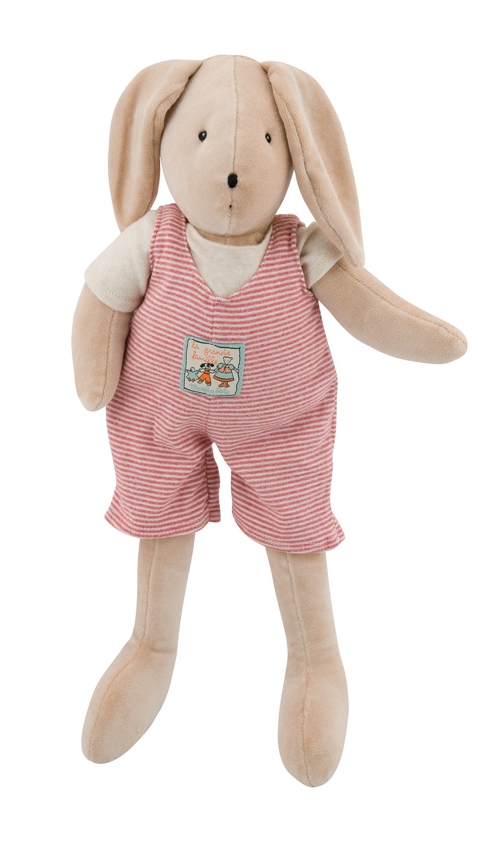 Measuring 50 cm, Sylvain is a soft and cuddly rabbit ready to go to bed in its soft red stripes outfit.   