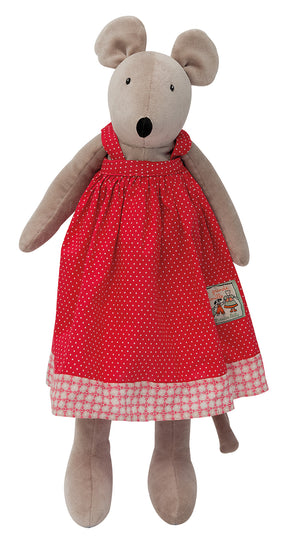 Made from very soft velour, Nini the mouse, measuring 50cm, is dressed in a sophisticated French red cotton dress with white polkadots and a floral hem border. 