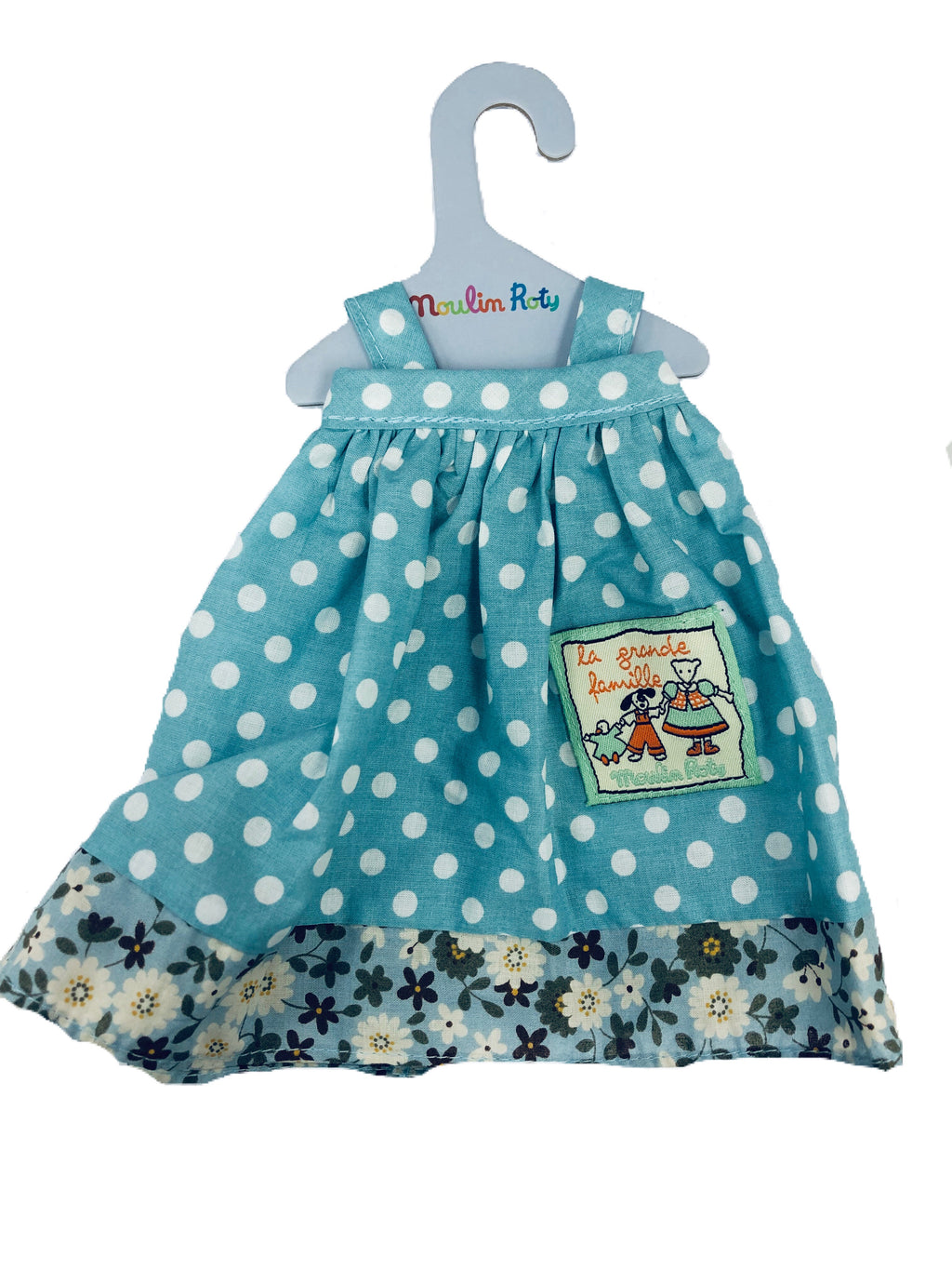 Moulin Roty | Cotton Doll Dress | Blue Polka Dot Apron Dress | Size: for 30cm tall plush animals and dolls | Age: 0+