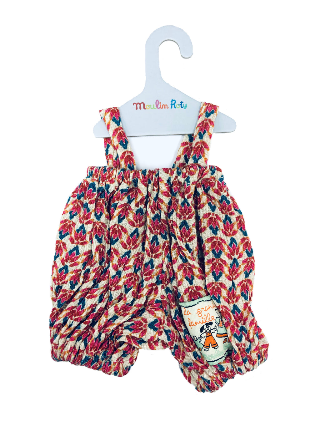 Moulin Roty | Cotton Doll Clothes | Red Printed Dungarees | Size: for 30cm tall plush animals and dolls | Age: 0+