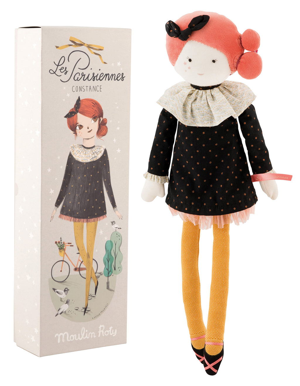 Madame Constance is oh-so-elegant, dressed in a floaty black cotton sequined dress, complete with ruffs and tulle frills, with bar shoes and beautiful braids in her hair. She is presented in a gift box, decorated with a Paris theme. She measures 47cm.