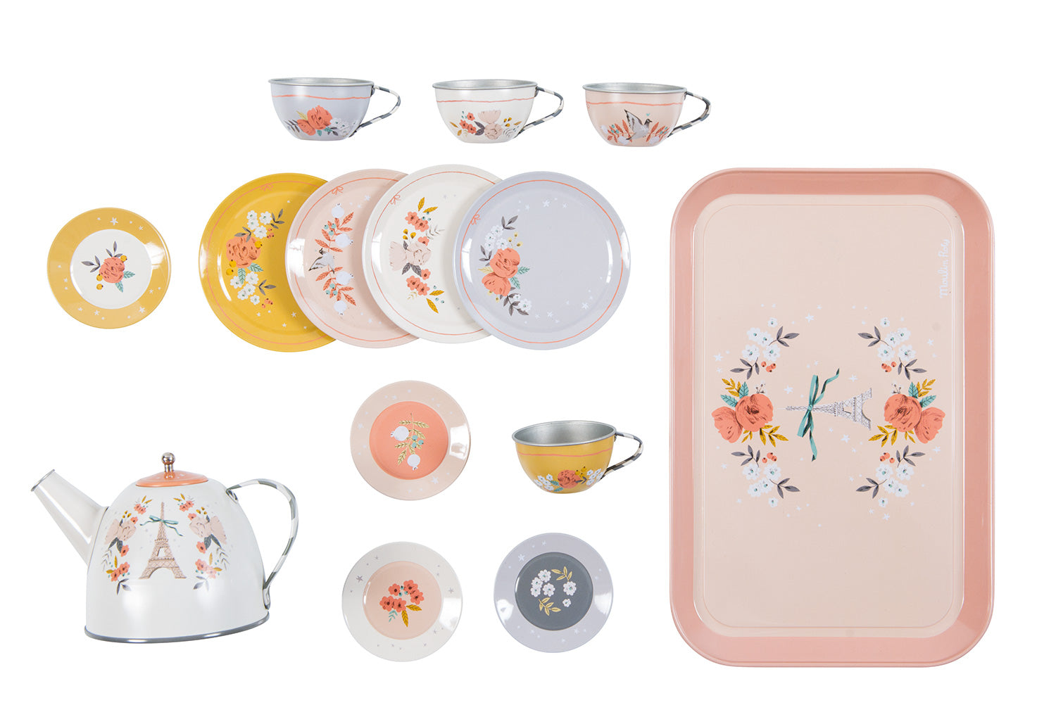 Metal tea service in a carry-case, in pastel colours with a floral pattern and delicate refined illustrations of Paris by Lucille Michieli : a teapot, four plates, four tea cups with their matching saucers.  