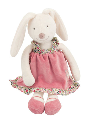 Moulin Roty | Cotton Soft Toy | Myrtille the Bunny in Pink Dress + 4 Changes of Clothes | Size: 30cm | Age: 0+