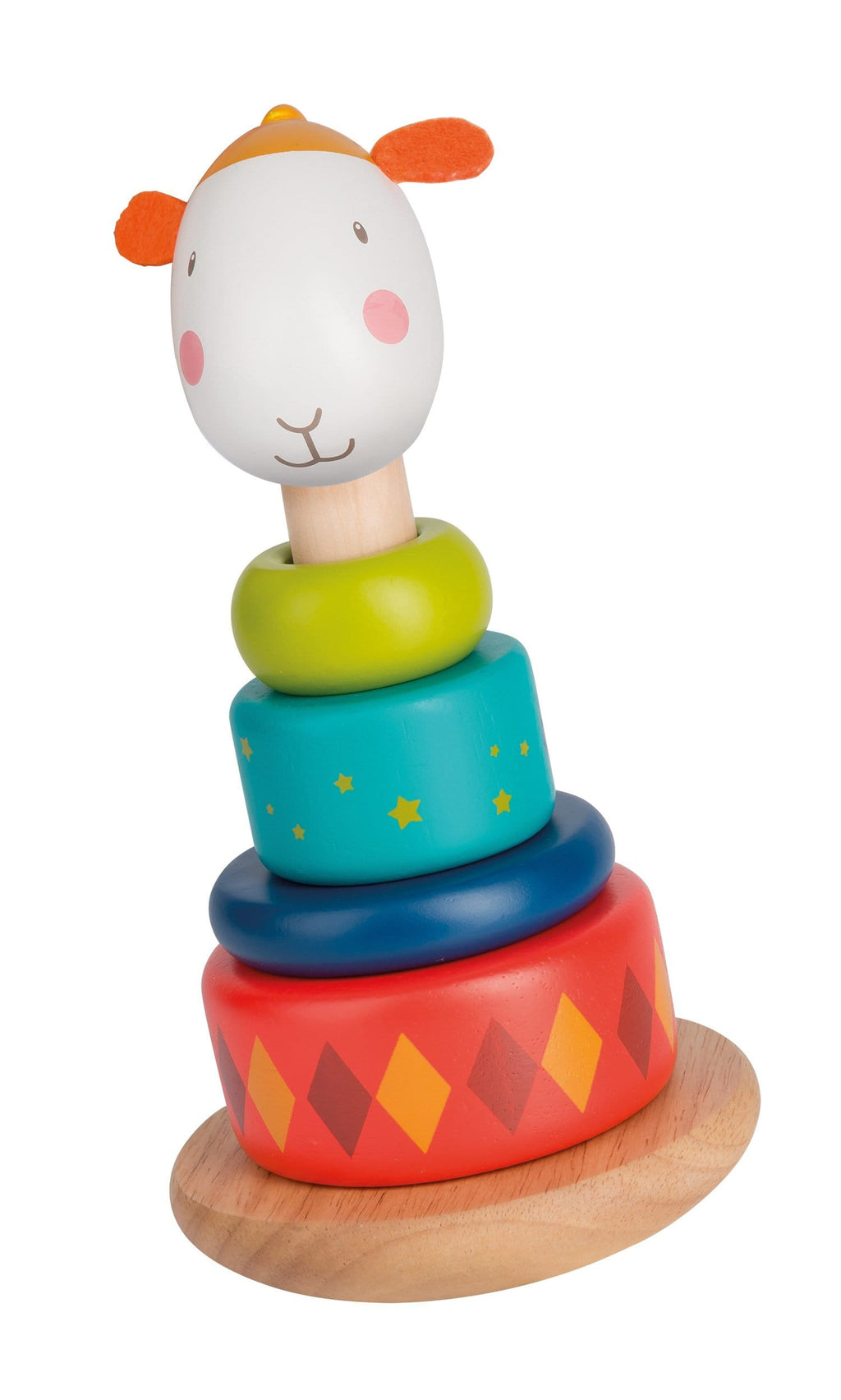 This stackable wobbly sheep Zephyr in lacquered wood with felt ears is a fun way to learn shapes and colours and develop motor skills. 