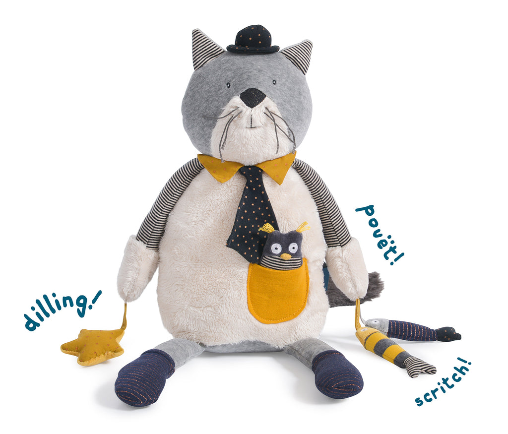 Moulin Roty | Cotton Activity Soft Toy | 'Les Moustaches' Fernand The Cat | Size: 50cm | Age: 0+