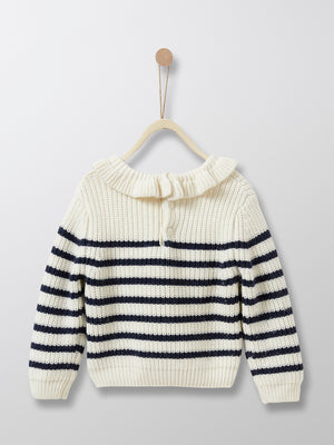 This French style black stripes sweater reinvents cuteness with its small frill collar. Knit in a very soft wool-enriched yarn for baby's well-being. Ideal for Kiwi girls who like comfort and quality - without compromising on style and cuteness!