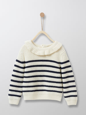 This French style black stripes sweater reinvents cuteness with its small frill collar. Knit in a very soft wool-enriched yarn for baby's well-being. Ideal for Kiwi girls who like comfort and quality - without compromising on style and cuteness!