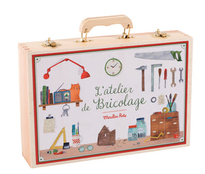 Moulin Roty | Large Real Tool Box Set in Wooden Case | 14 Wood and Steel Tools | Age: 6+