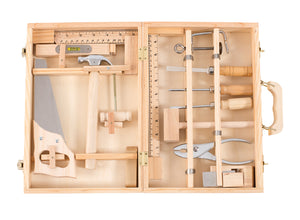 Moulin Roty | Large Real Tool Box Set in Wooden Case | 14 Wood and Steel Tools | Age: 6+