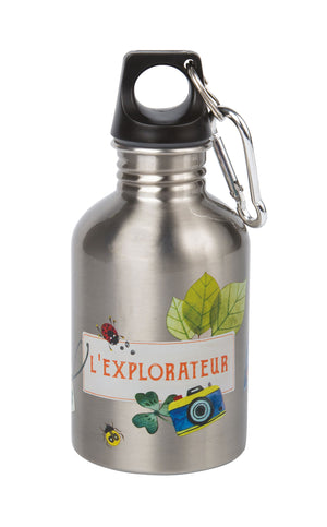 For the budding explorer: illustrated stainless steel water bottle, very practical, with a screw top and spring hook to attach, it's perfect to take everywhere with you!  