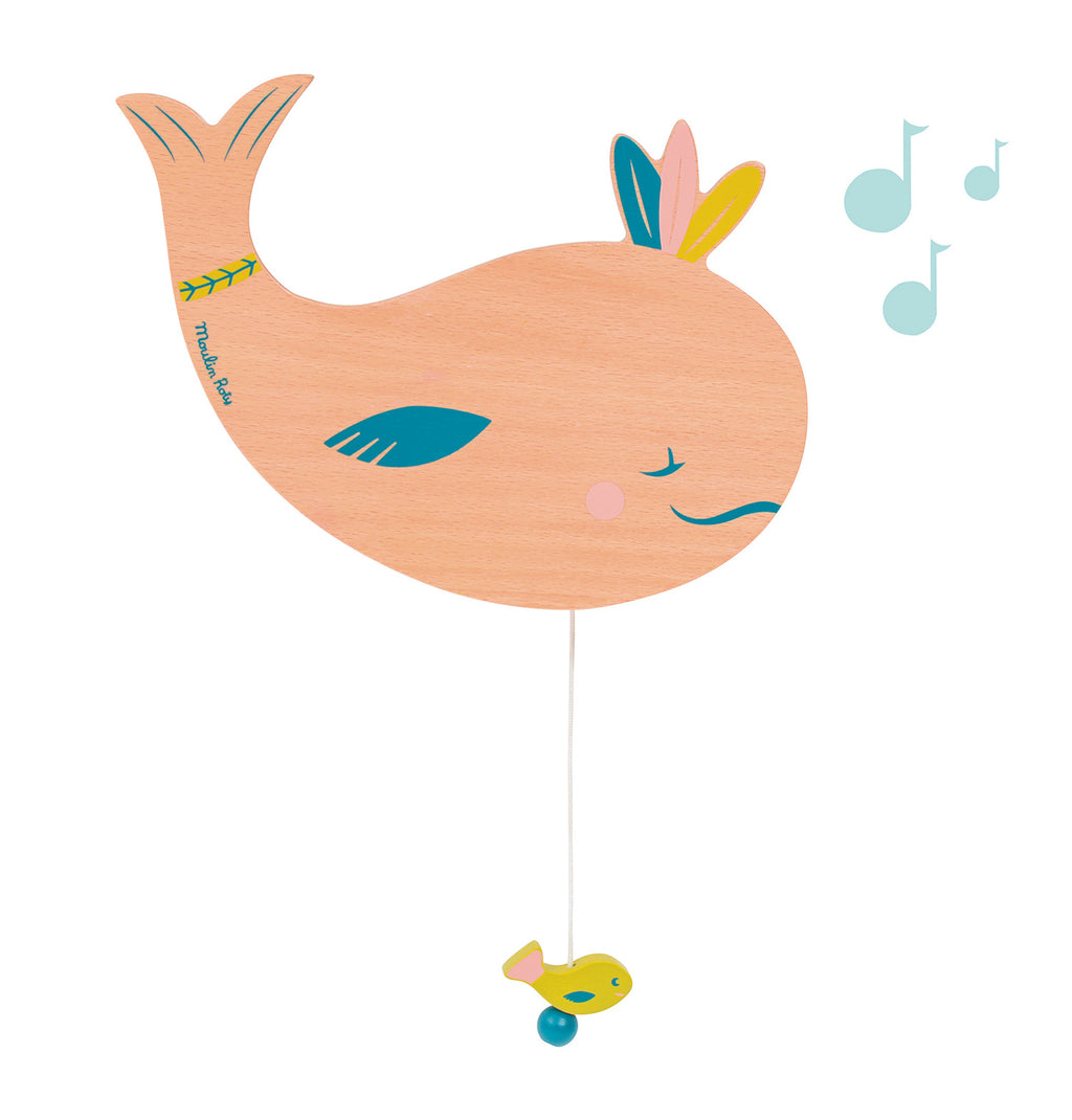 A lovely nursery decor, this wall-mounted music box features a sleepy whale wearing three lucky feathers on her head. By pulling down the fish at the end of the string, it will play a sweet lullaby to soothe baby at bedtime. 