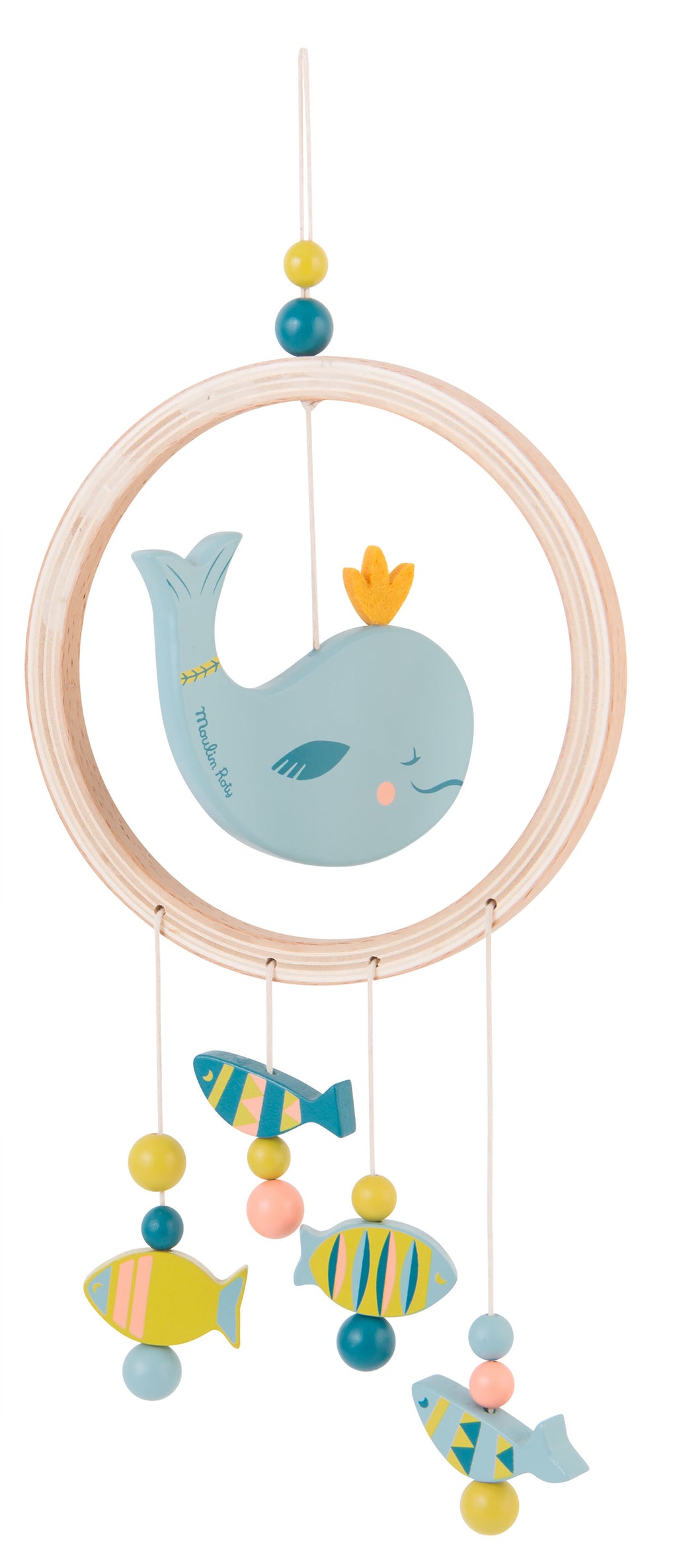 This wooden dream catcher features a beautiful whale in the middle of a circle decorated with blue, yellow and pink beads and felt features. 