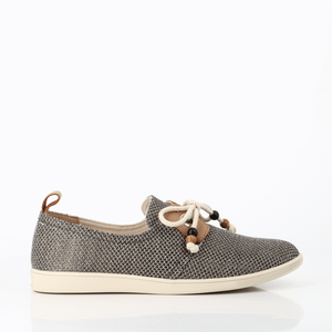 Women's lace-up canvas sneakers from France, in graphite, with nautical rope style lace, round wood bead aglets and gold eyelets.