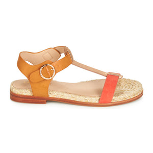 French Espadrille Style Sandals for Women with Leather Like Straps in Camel, Coral and Gold colours 