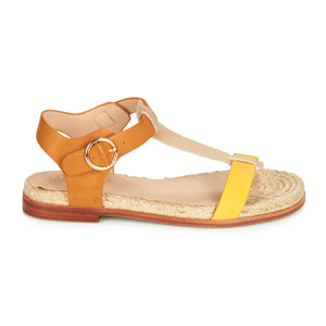 French Espadrille Style Sandals for Women with Leather Like Straps in Camel, Bright Yellow and Iridescent Gold colours 