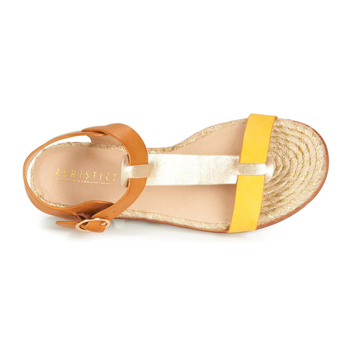 French Espadrille Style Sandals for Women with Leather Like Straps in Camel, Bright Yellow and Iridescent Gold colours 
