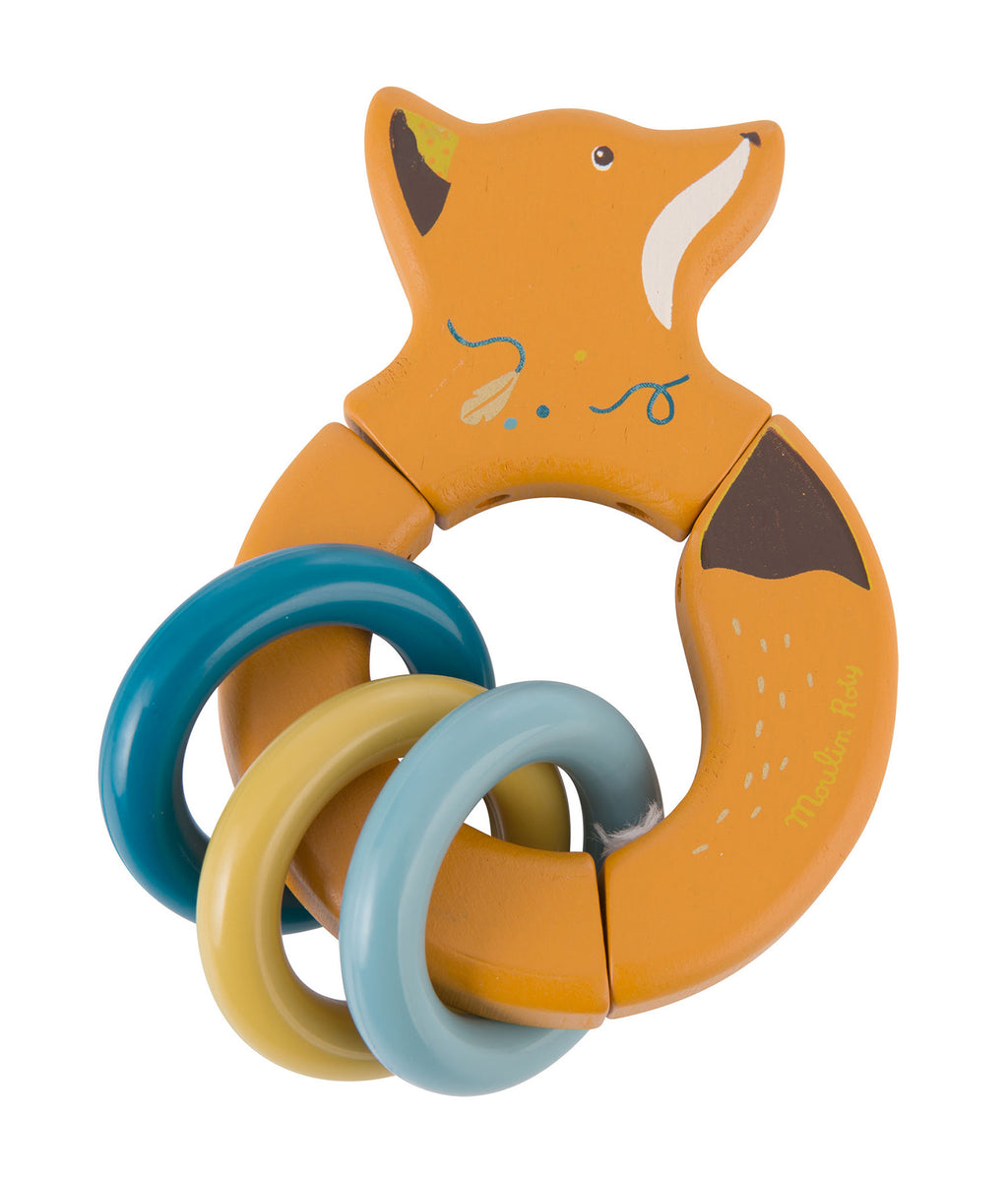 Moulin Roty | Wooden Ring Rattle | Fox with 3 Rings | Size: 13cm | Age: 10M+
