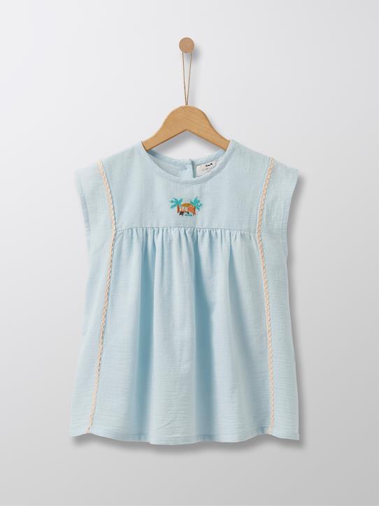 Cyrillus Paris | Girl's embroidered top | 100% Cotton | Sea green | Size 6-8Y