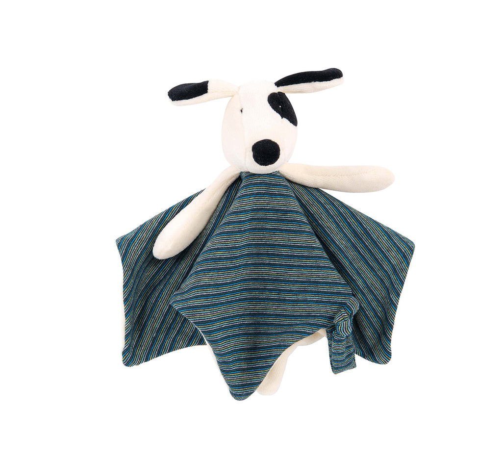 Here is Julius, the dog from Moulin Roty's iconic 'La Grande Famille' collection, as a square comforter. It is a nice black and white dog wearing a grey and dark blue striped clothes.