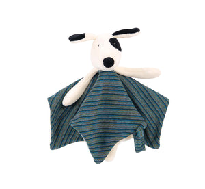 Here is Julius, the dog from Moulin Roty's iconic 'La Grande Famille' collection, as a square comforter. It is a nice black and white dog wearing a grey and dark blue striped clothes.
