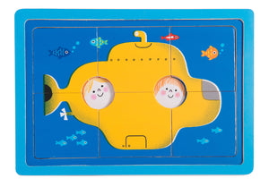 This educational multi-level puzzle is made of wood and consists of 18 pieces on 3 levels. Suitable for 2 years old and over. Here level 2, a yellow submarine.