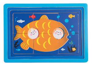 This educational multi-level puzzle is made of wood and consists of 18 pieces on 3 levels. Suitable for 2 years old and over.  Here level 3, an orange fish. 