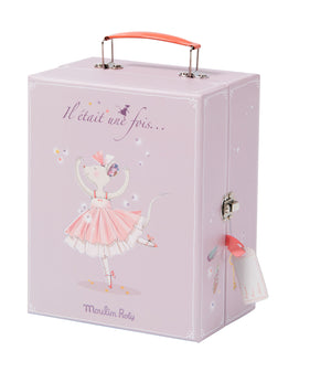  A pretty light purple wardrobe suitcase/gift box that contains a ballerina mouse with her tutus and mirror to practice ballet.