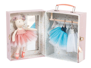 Ballerina mouse with her tutus and mirror to practice ballet, presented pretty light purple suitcase/gift box.