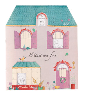 Cover of Moulin Roty's beautifully illustrated stickers and colouring book depicts 8 charming rooms, 20 pages and 160 stickers. 