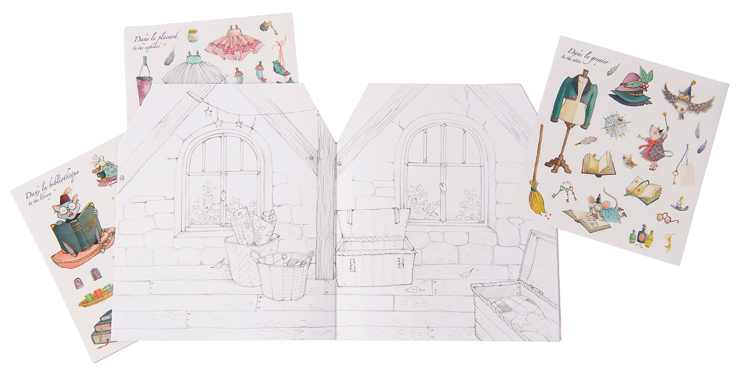 Colouring Pages and Stickers from Moulin Roty's beautifully illustrated stickers and colouring book depicts 8 charming rooms, 20 pages and 160 stickers. 