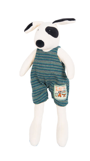 Moulin Roty | Cotton Soft Toy | 'La Grande Famille' Julius The Dog in Green Dungarees | Size: 50cm | Age: 0+