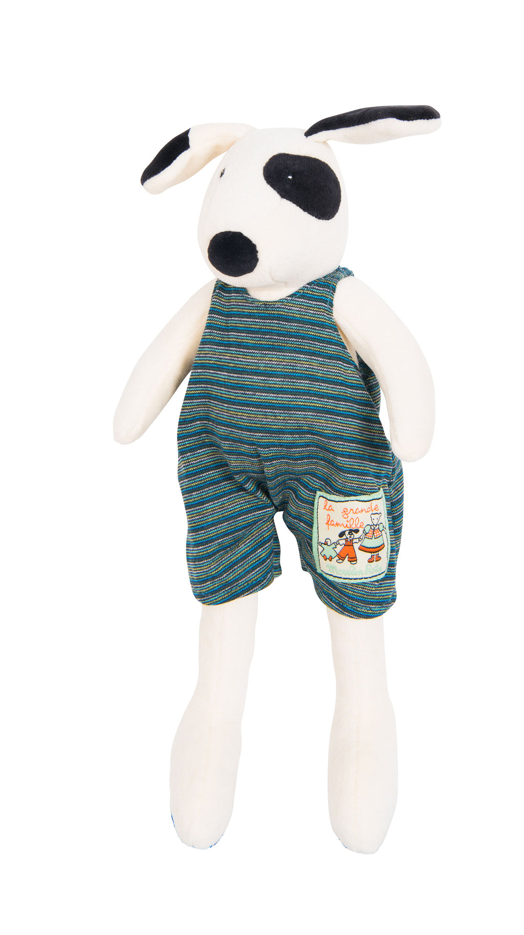 Moulin Roty | Cotton Soft Toy | 'La Grande Famille' Julius The Dog in Green Dungarees | Size: 30cm | Age: 0+