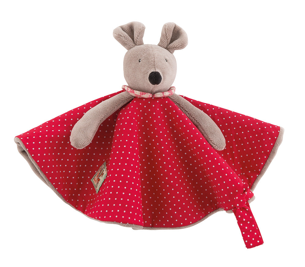 Little Nini the mouse, in her polka dot printed cotton dress, lined in velvet to create a flat comforter easy for baby's little hands to grasp. It includes a strap to attach a pacifier.