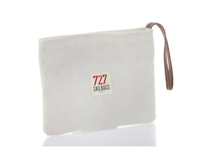 Clutch bag made from 100% recycled Dacron sail, adorned with an oversized blue number '4' on the front. 