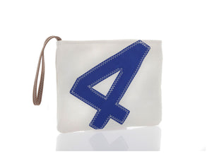 Clutch bag made from 100% recycled Dacron sail, adorned with an oversized blue number '4' on the front. 