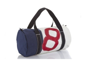 Stylish men's travel bag made in recycled sailcloth. White and blue sail, with oversized red number. Very resistant and perfect size for weekend getaways and short breaks. 