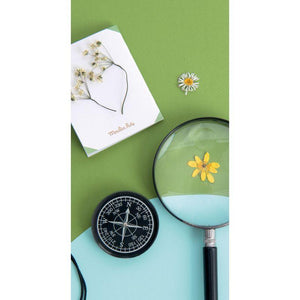 The young botanist's suitcase with everything necessary for observing nature and drying pretty leaves or flowers: a magnifying glass, a wooden flower press, a notebook and 3 attractive illustrated boxes to keep those extra special treasures.  The botanist set comes in a sophisticated carry case that is inspired by old maps and botanists' drawings.