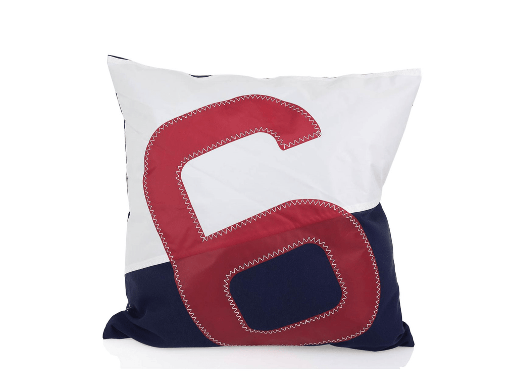 50x50 cushion made from 100% recycled sails. White and navy adorned with an oversized red number. 