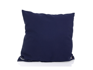 50x50 cushion made from 100% recycled sails. White and navy adorned with an oversized red number. 